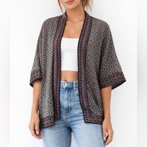 Max Studio Printed Open Front Kimono Cardigan | Size S | Boho Geo Medallion